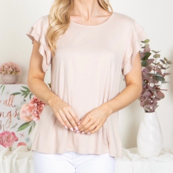 You & Me Tops - NEW Beige Layered Ruffle Short Sleeve Top